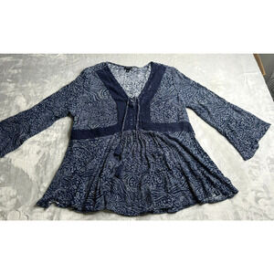 Torrid Top Womens 2X Blue White Print Boho V Neck Crochet Lace Long Bell Sleeve
